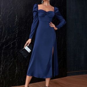 double sweetheart neck split thigh satin dress